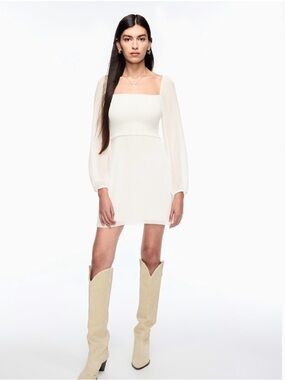 Wilfred Aritzia white Villa Dress smocked longsleeve mini NWT feminine party